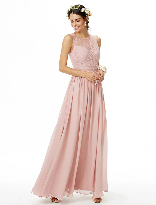 A-Line Bridesmaid Dress Jewel Neck Sleeveless See Through Floor Length Chiffon / Lace with Lace / Criss Cross / Pleats by YiHuiw