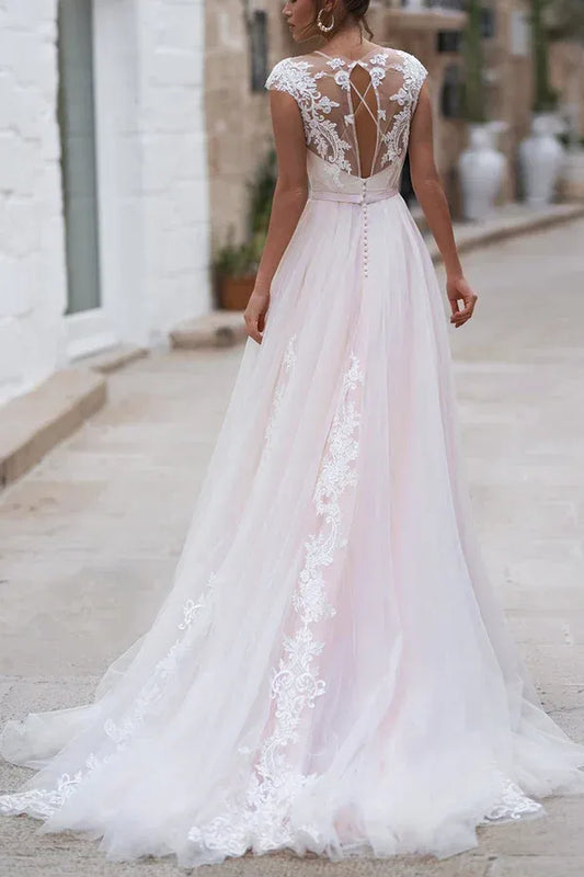 A-Line Illusion Floor-Length Wedding Dress - Yihuiw by Yihuiw