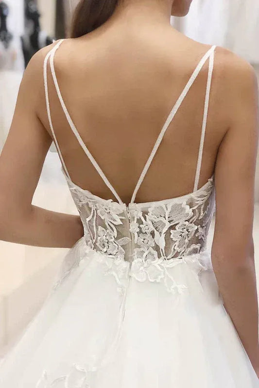 A-Line V-Neck Lace Floor-Length Wedding Dress - Yihuiw by Yihuiw