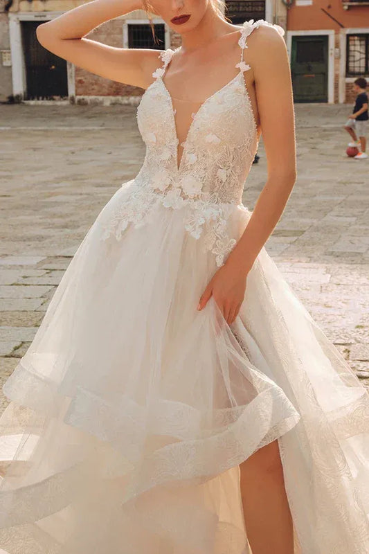 A-Line V-Neck Floor-Length Wedding Dress - Yihuiw by Yihuiw