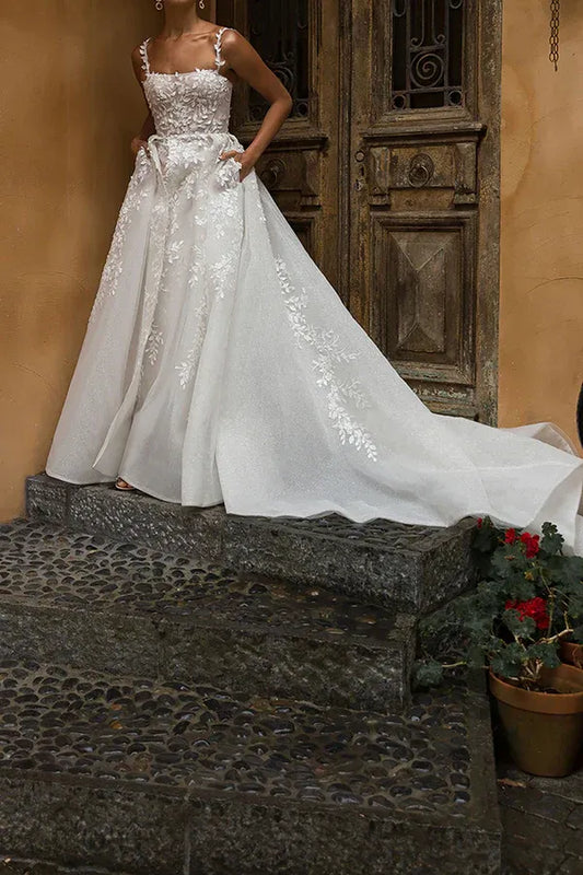 A-Line Square Neck Floor-Length Wedding Dress - Yihuiw by Yihuiw
