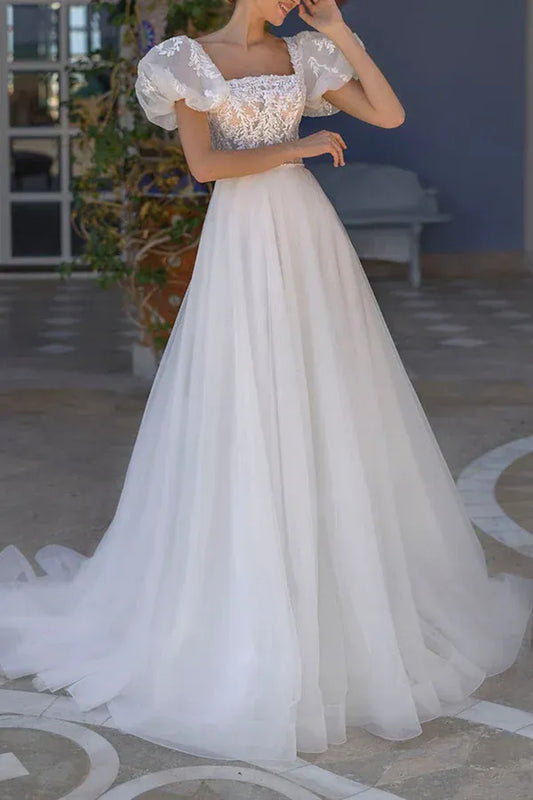 A-Line Square Neck Floor-Length Wedding Dress - Yihuiw by Yihuiw