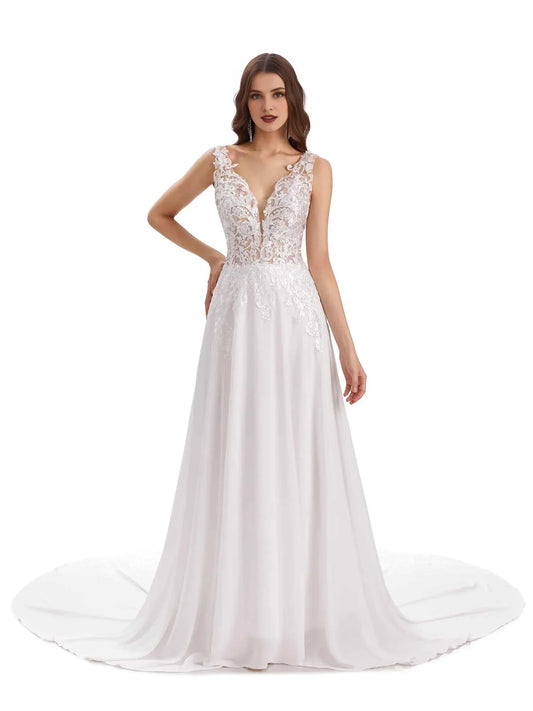 A-Line V-Neck Sleeveless Floor-Length Wedding Dress - Yihuiw by Yihuiw