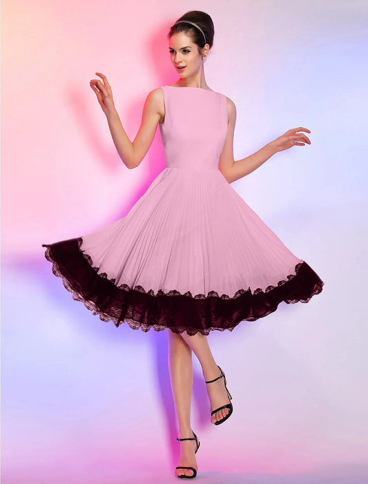 A-Line Vintage Dress Homecoming Graduation Knee Length Sleeveless Boat Neck Pink Dress Chiffon with Lace Insert by YiHuiw