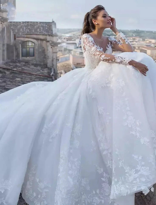 Engagement Sexy Fall Formal Wedding Dresses Ball Gown V Neck Long Sleeve Chapel Train Lace Bridal Gowns With Appliques Summer Wedding Party Women‘s Clothing by YiHuiw