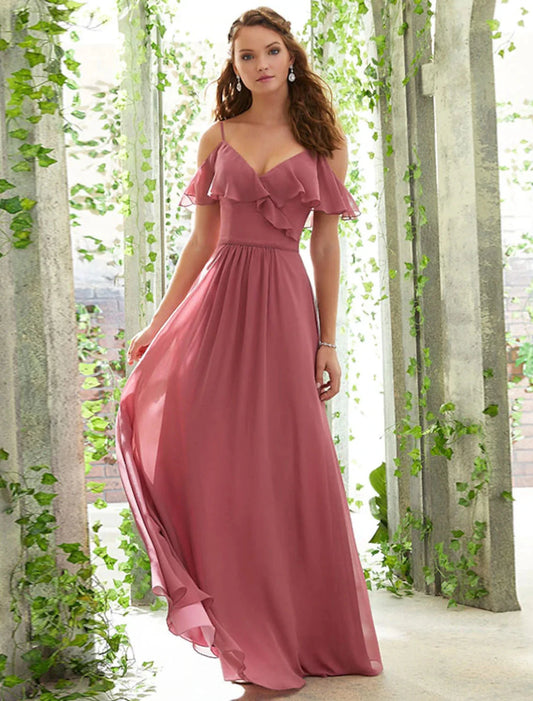 A-Line Bridesmaid Dress Spaghetti Strap Short Sleeve Open Back Floor Length Chiffon with Ruffles / Ruching by YiHuiw
