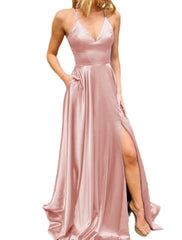 A-Line Prom Dresses Sexy Dress Formal Sweep / Brush Train Sleeveless V Neck Imitation Silk Backless with Slit