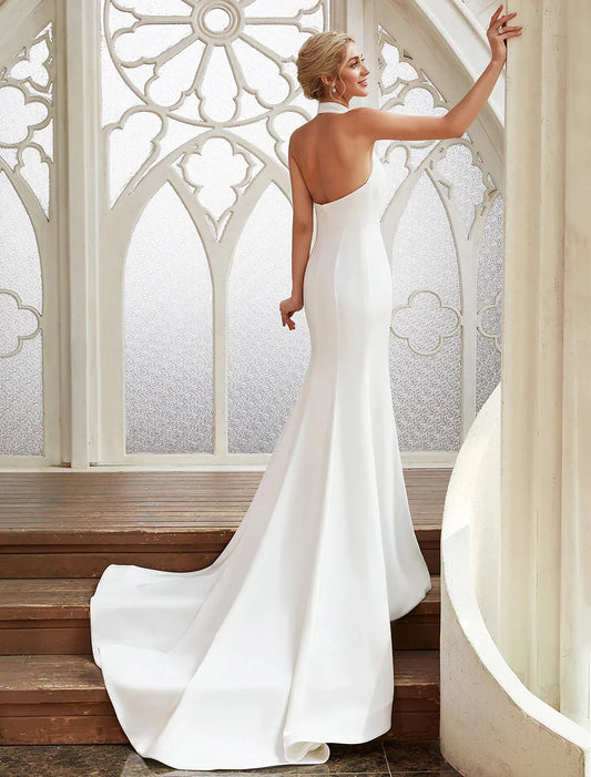 Bridal Shower Casual Open Back Wedding Dresses Court Train Sheath / Column Regular Straps Halter Satin With Pleats Bridal Gowns by YiHuiw