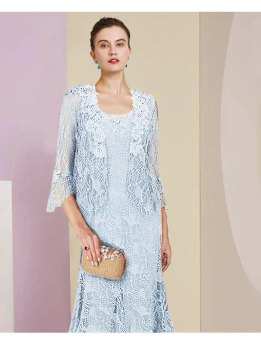 Two Piece Mermaid / Trumpet Mother of the Bride Dress Formal Wedding Guest Elegant High Low Scoop Neck Asymmetrical Tea Length Lace Sleeveless Wrap Included with Solid Color by YiHuiw