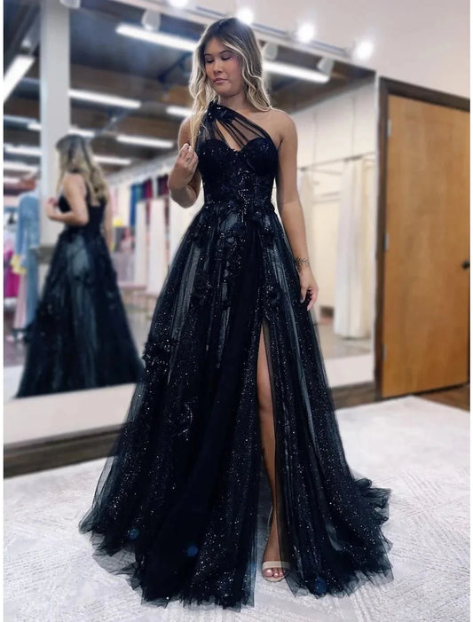 A-Line Prom Dresses Color Block Dress Formal Wedding Party Sweep / Brush Train Sleeveless One Shoulder Tulle Backless with Pleats Appliques by YiHuiw