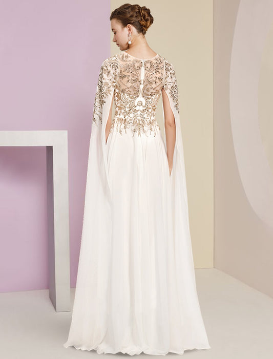 Sheath / Column Mother of the Bride Dress Wedding Guest Party Luxurious Jewel Neck Floor Length Chiffon Lace Sequined Long Sleeve with Pleats by YiHuiw
