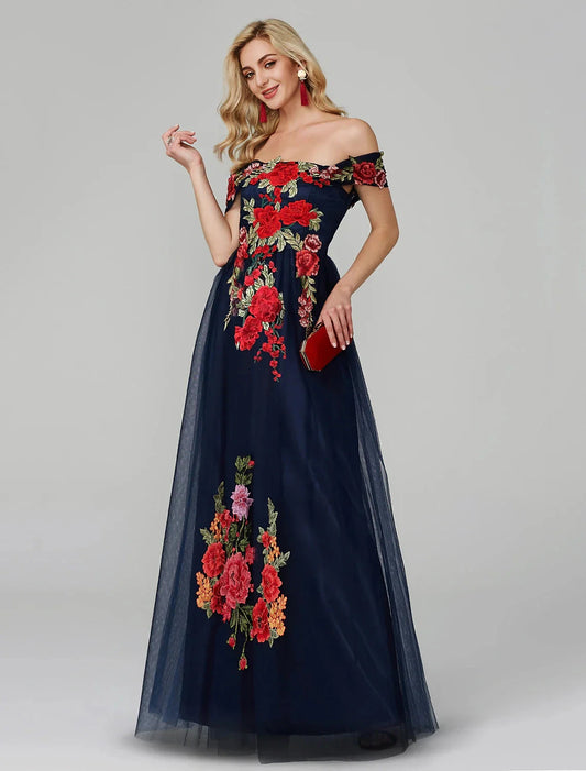 A-Line Prom Dresses Floral Dress Wedding Guest Prom Floor Length Sleeveless Off Shoulder Lace Over Tulle with Embroidery Appliques by YiHuiw
