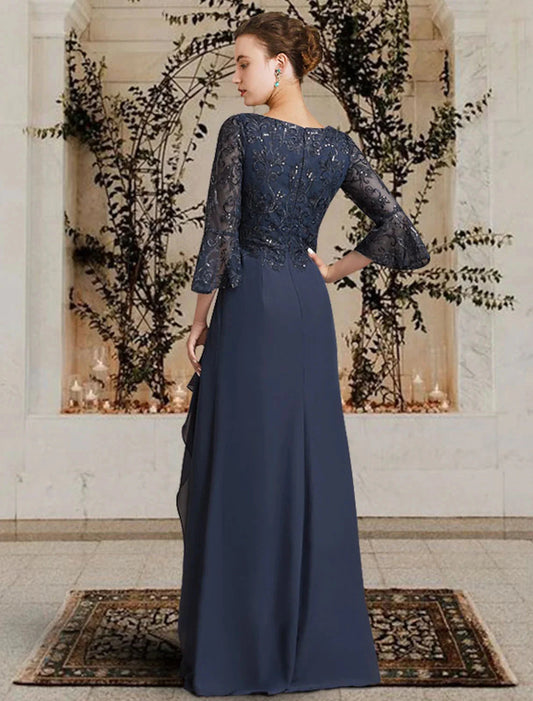 Sheath / Column Mother of the Bride Dress Elegant V Neck Floor Length Chiffon Lace 3/4 Length Sleeve with Pleats Appliques by YiHuiw