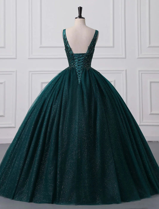 Ball Gown Prom Dresses Sparkle & Shine Dress Quinceanera Floor Length Sleeveless V Neck Tulle with Sequin Appliques by YiHuiw
