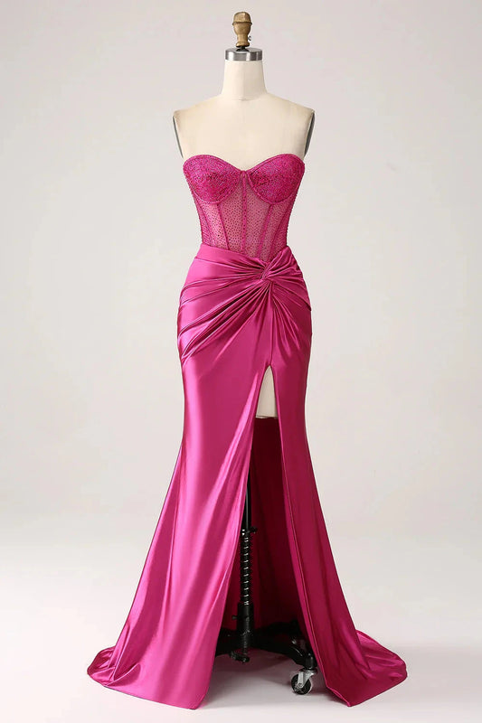 Robe de Soirée Glamour Sirène Bustier Transparente Perles Laçage Dos Ruché Satin Traîne