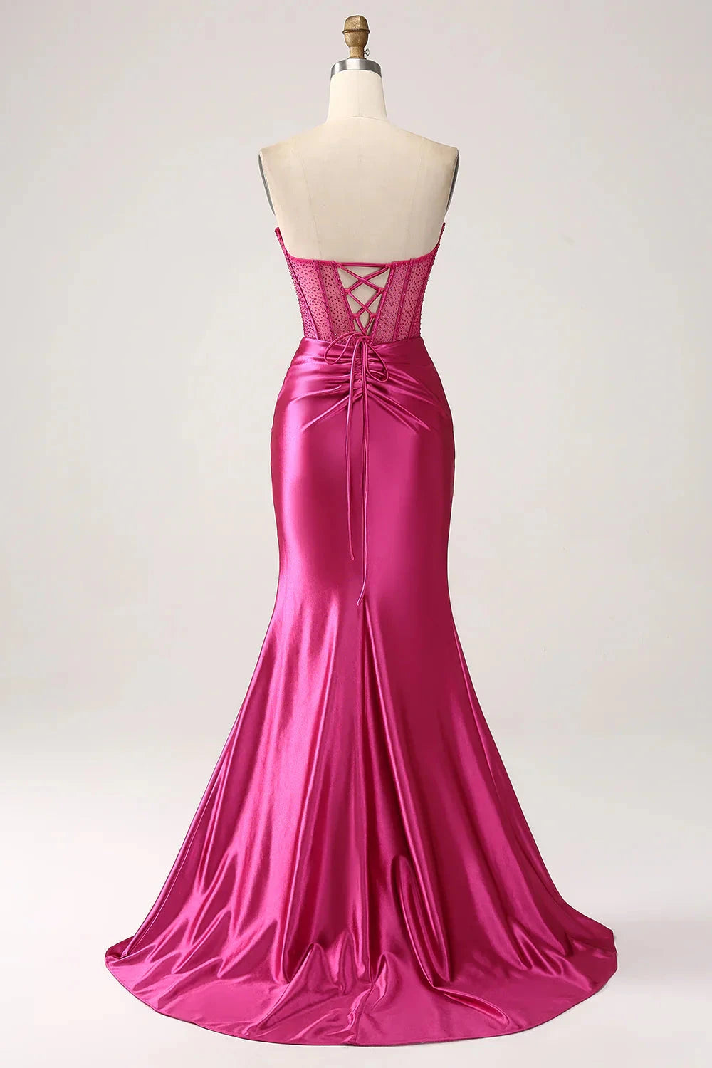 Glamuroso vestido de noche de satén con cola, escote corazón, sin tirantes, transparente, con pedrería, encaje, espalda con cordones y frunces, estilo sirena