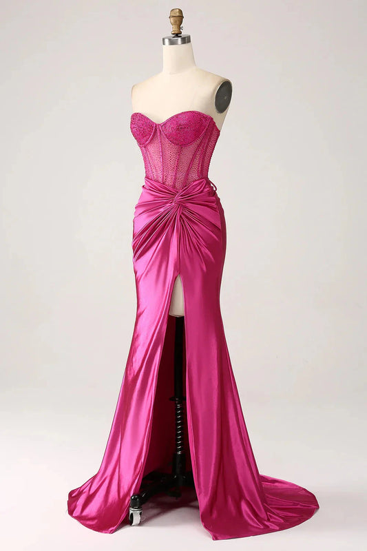 Robe de Soirée Glamour Sirène Bustier Transparente Perles Laçage Dos Ruché Satin Traîne