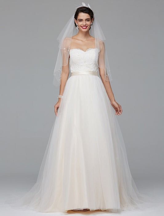 A-Line Wedding Dresses Sweetheart Neckline Court Train Lace Tulle Sleeveless Wedding Dress in Color with Sash / Ribbon Buttons by YiHuiw