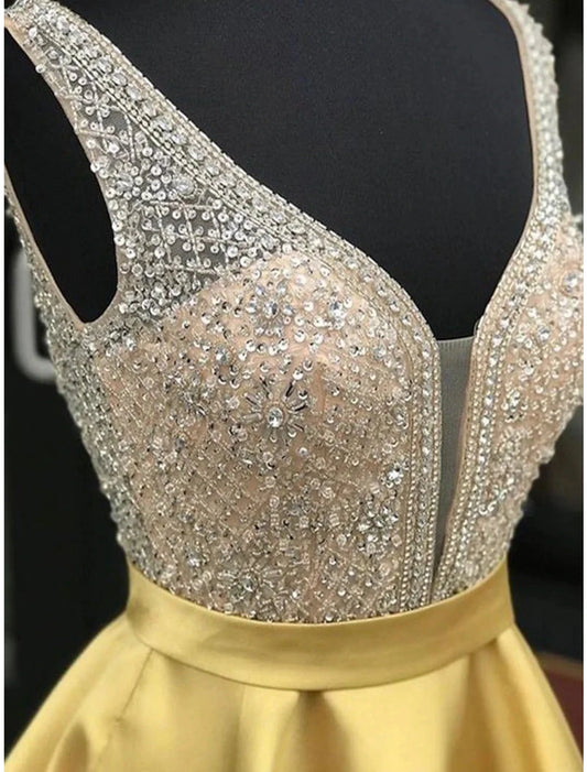 A-Line Homecoming Dresses Sparkle & Shine Dress Holiday Graduation Short / Mini Sleeveless V Neck Satin with Beading by YiHuiw