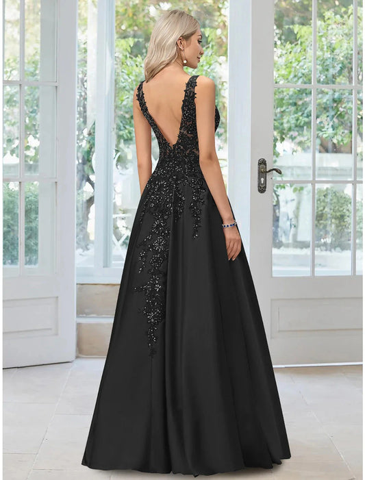 A-Line Evening Gown Black Dress Formal Floor Length Sleeveless V Neck Lace with Appliques by YiHuiw