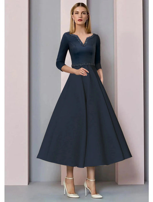 A-Line Mother of the Bride Dress Wedding Guest Vintage Elegant V Neck Tea Length Satin Short Sleeve with Pleats Beading by YiHuiw