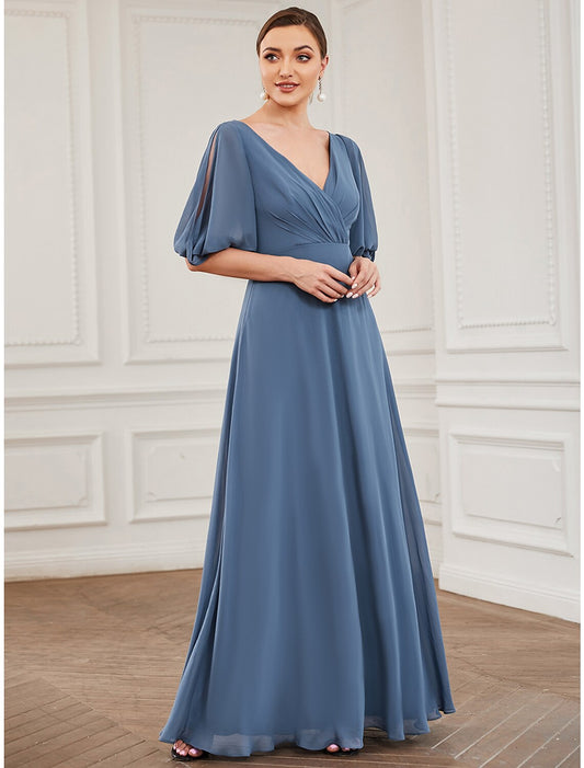 A-Line Evening Gown Minimalist Dress Wedding Guest Prom Floor Length Half Sleeve V Neck Chiffon with Pleats by YiHuiw