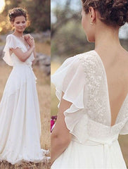 Beach Boho Wedding Dresses A-Line V Neck Short Sleeve Floor Length Chiffon Bridal Gowns With Beading Appliques Summer Wedding Party