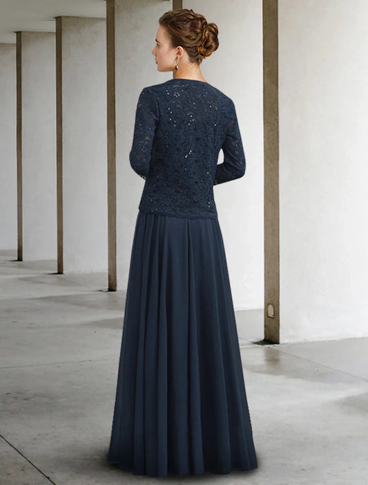 Two Piece A-Line Mother of the Bride Dress Elegant Jewel Neck Floor Length Chiffon Lace Half Sleeve with Pleats by YiHuiw