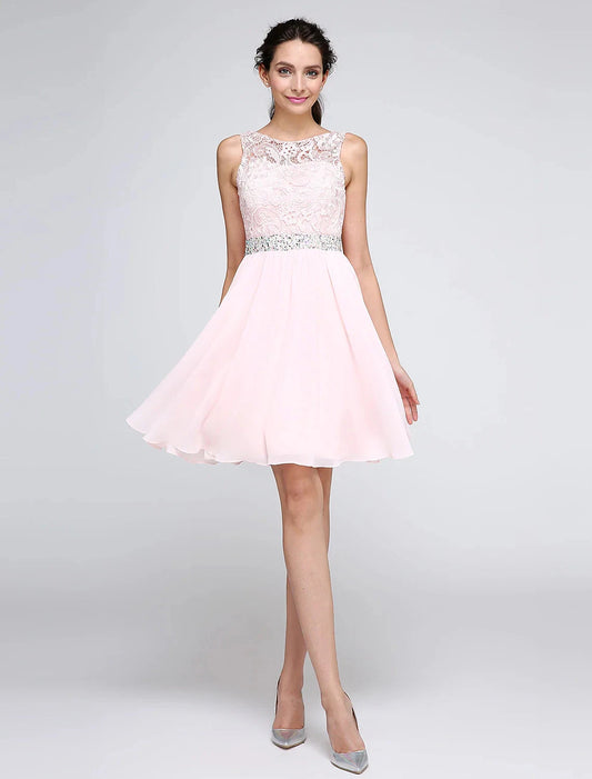 A-Line Special Occasion Dresses Party Dress Homecoming Graduation Short / Mini Sleeveless Illusion Neck Pink Dress Chiffon V Back Low Back with Crystals by YiHuiw