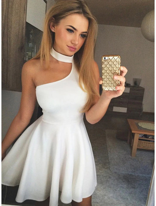 A-Line Cocktail Dresses Minimalist Dress Party Wear Cocktail Party Short / Mini Sleeveless Halter Neck Fabric with Pleats