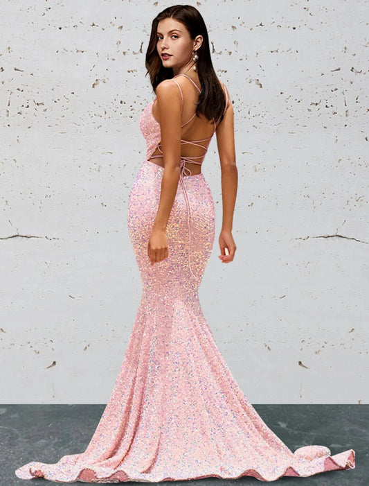 Mermaid / Trumpet Prom Dresses Open Back Dress Prom Sweep / Brush Train Sleeveless Sweetheart Sequined Backless with Sequin by YiHuiw