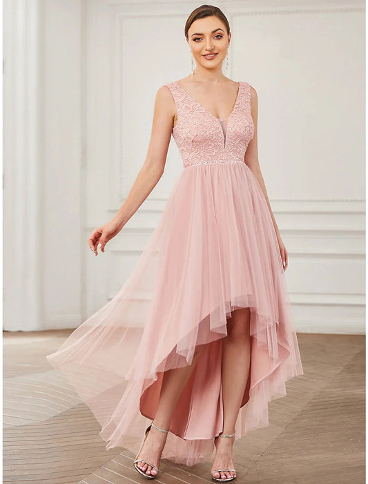 A-Line Bridesmaid Dress V Neck Sleeveless Elegant Short / Mini Lace / Tulle with Draping / Ruching by YiHuiw