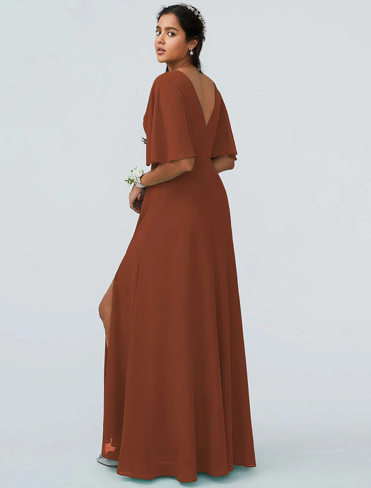 A-Line Bridesmaid Dress V Neck Short Sleeve Elegant Floor Length Chiffon with Split Front by YiHuiw