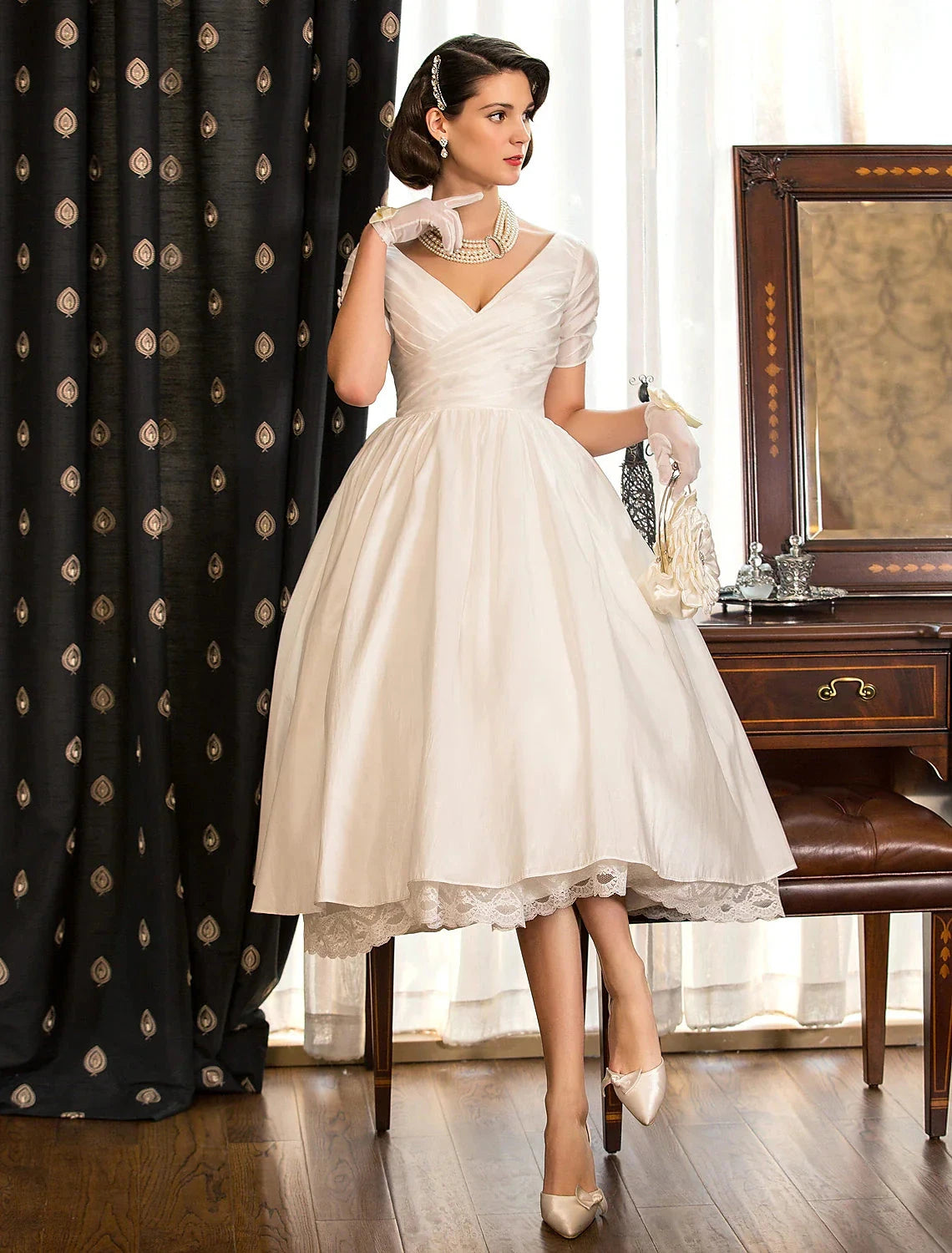 Reception Wedding Dresses Vintage 1940s / 1950s Little White Dresses A-Line V Neck Short Sleeve Tea Length Satin Bridal Gowns With Lace Criss Cross Summer Fall Wedding Party Women's Clothing by YiHuiw