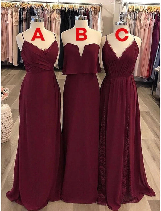 Sheath / Column Bridesmaid Dress Spaghetti Strap / Strapless / V Neck Sleeveless Vintage Floor Length Chiffon with Lace / Ruching by YiHuiw