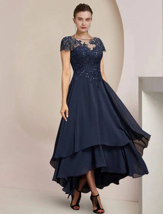 A-Line Mother of the Bride Dress Formal Wedding Guest Elegant High Low Scoop Neck Asymmetrical Tea Length Chiffon Lace Short Sleeve with Sequin Appliques by YiHuiw