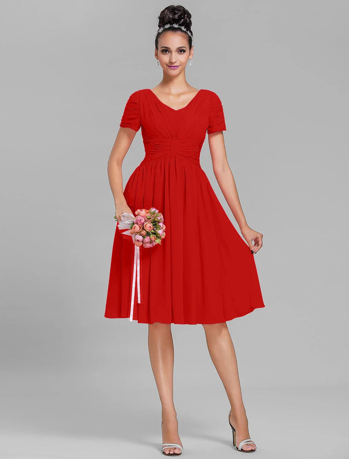 Sheath / Column Bridesmaid Dress V Neck Short Sleeve Vintage Inspired Knee Length Chiffon with Ruched / Draping by YiHuiw