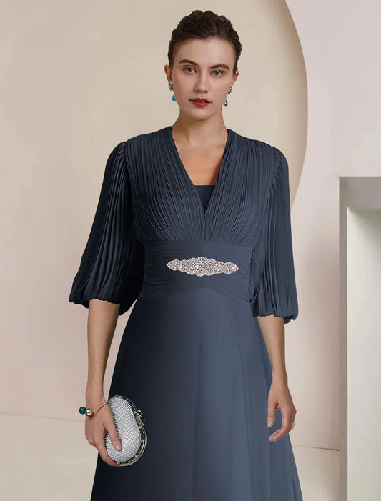 A-Line Mother of the Bride Dress Formal Wedding Guest Party Vintage Elegant V Neck Tea Length Chiffon 3/4 Length Sleeve with Pleats Crystals by YiHuiw
