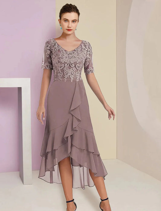 A-Line Mother of the Bride Dress Formal Wedding Guest Elegant High Low V Neck Asymmetrical Tea Length Chiffon Lace Short Sleeve Wrap Included with Appliques by YiHuiw