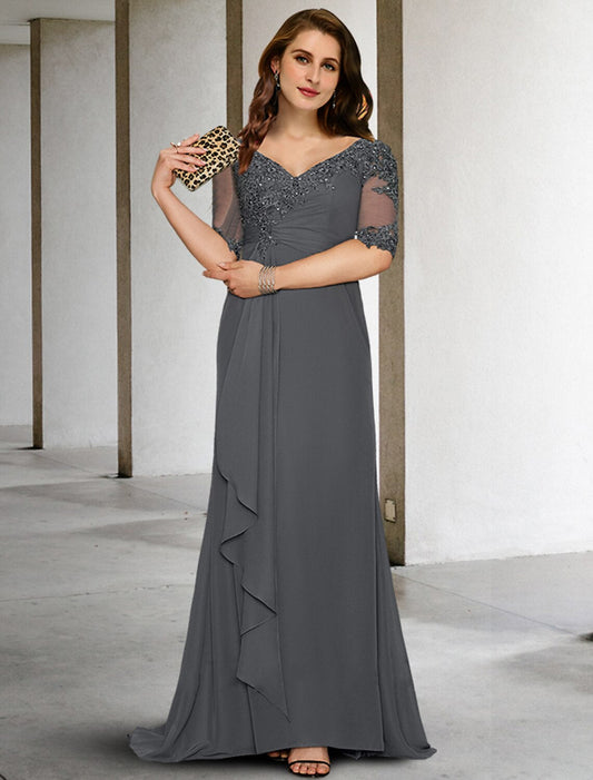 Mermaid / Trumpet Plus Size Curve Mother of the Bride Dresses Vintage Dress Formal Sweep / Brush Train Half Sleeve V Neck Chiffon with Pleats Appliques by YiHuiw