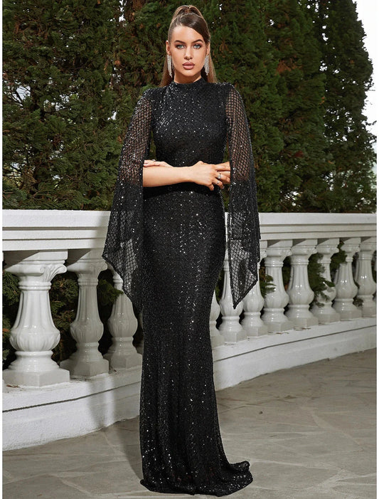 Cape Mermaid / Trumpet Evening Gown Sparkle & Shine Dress Formal Fall Floor Length Sleeveless High Neck Sequined with Glitter Pleats by YiHuiw
