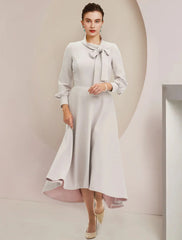 A-Line Mother of the Bride Dress Formal Wedding Guest Party Elegant High Neck Asymmetrical Tea Length Chiffon Long Sleeve with Bow(s)