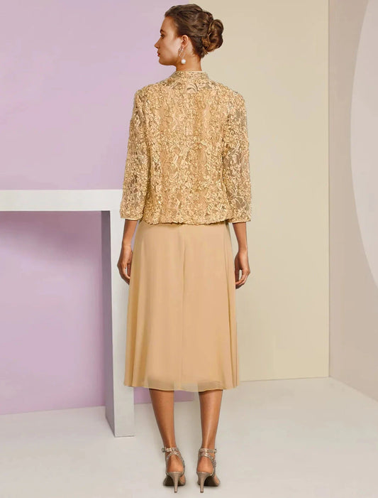 A-Line Mother of the Bride Dress Wedding Guest Elegant Petite Scoop Neck Tea Length Chiffon Lace 3/4 Length Sleeve with Pleats Crystal Brooch by YiHuiw