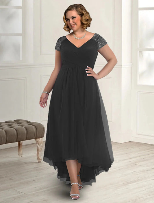 A-Line Mother of the Bride Dress Plus Size Elegant High Low V Neck Asymmetrical Floor Length Chiffon Short Sleeve with Pleats Beading by YiHuiw