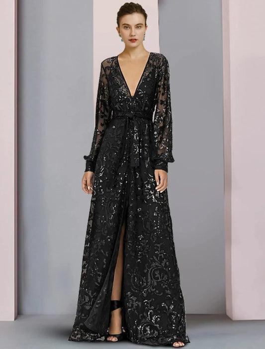 A-Line Mother of the Bride Dress Wedding Guest Elegant Sparkle & Shine V Neck Floor Length Lace Sequined Long Sleeve with Sequin Appliques Split Front by YiHuiw