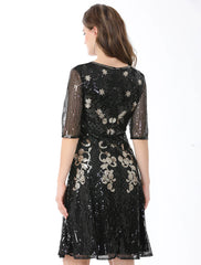 A-Line Cocktail Dresses Vintage Dress Holiday Party Wear Knee Length Half Sleeve Jewel Neck Cotton Blend with Sequin Splicing