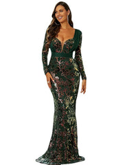 Mermaid / Trumpet Evening Gown Sexy Dress Formal Floor Length Long Sleeve V Neck Polyester with Sequin