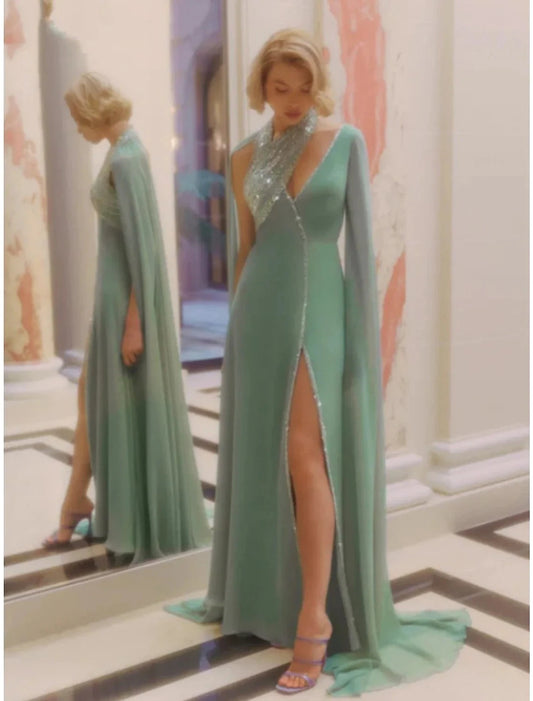 A-Line Evening Gown Elegant Dress Formal Court Train Sleeveless V Neck Sequined with Glitter Pleats Slit by YiHuiw