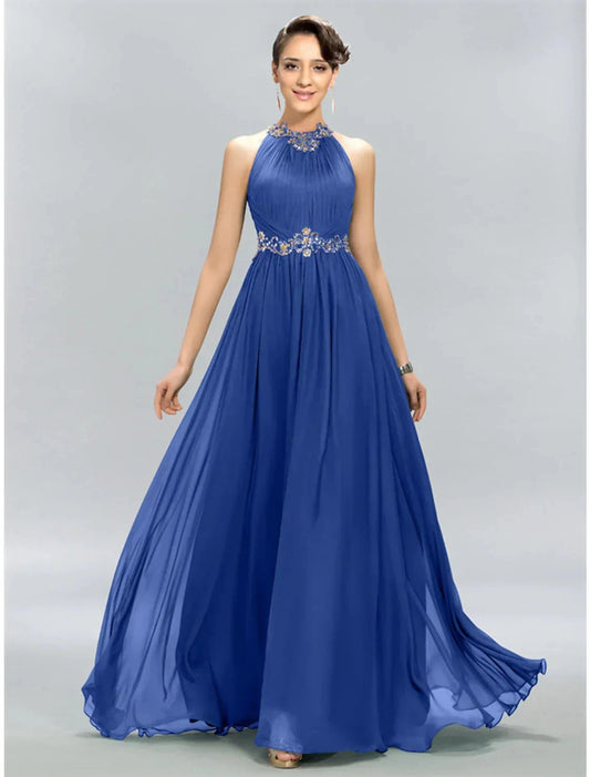 A-Line Wedding Guest Dresses Maxi Dress Party Wear Floor Length Sleeveless Halter Chiffon with Ruched Appliques by YiHuiw