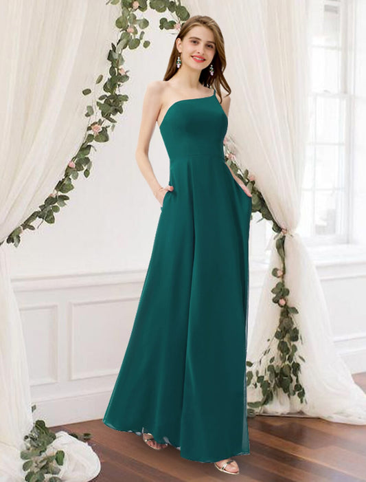 A-Line Bridesmaid Dress One Shoulder Sleeveless Elegant Floor Length Chiffon with Pleats by YiHuiw